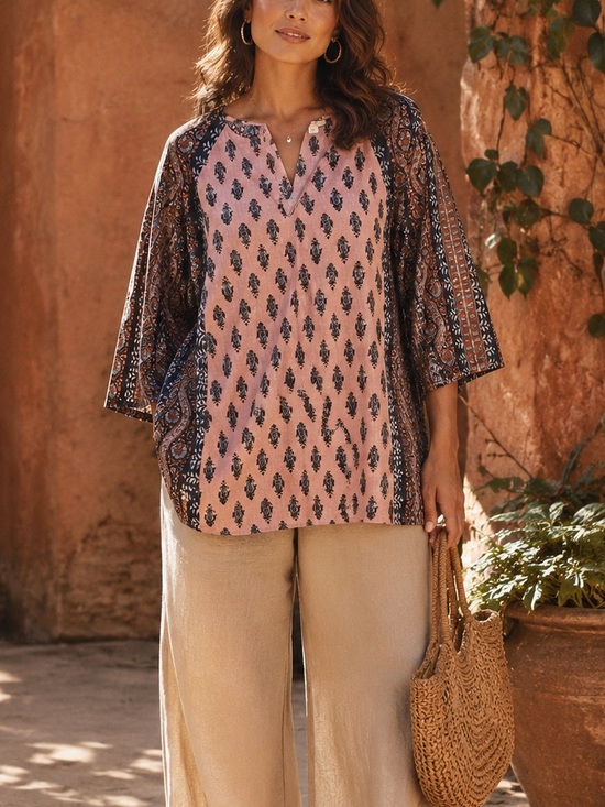 J. Jill Tops - Pure Jill Block Print Lagenlook Boho Tunic Pink Navy Cotton Linen 2X